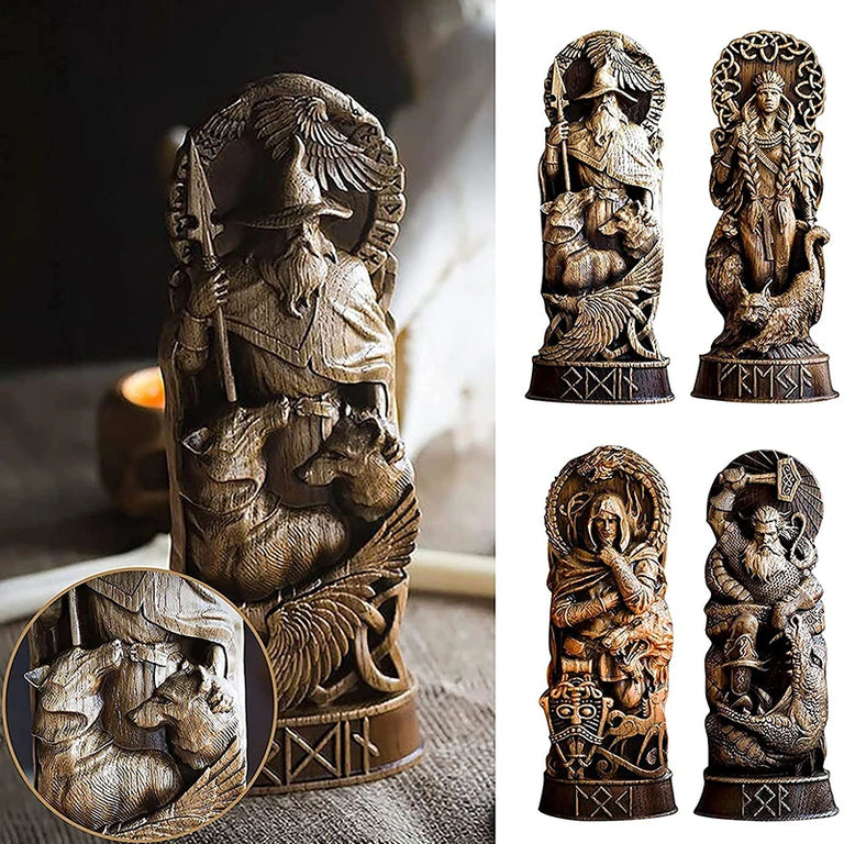 Norse Gods Sleek Wooden Sculptures